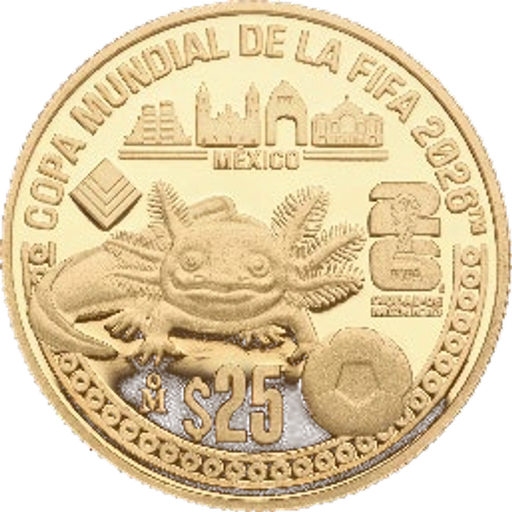 Reverso de 25 pesos oro Mundial 2026 Ciudad de México con axolote, logo FIFA y denominación 25