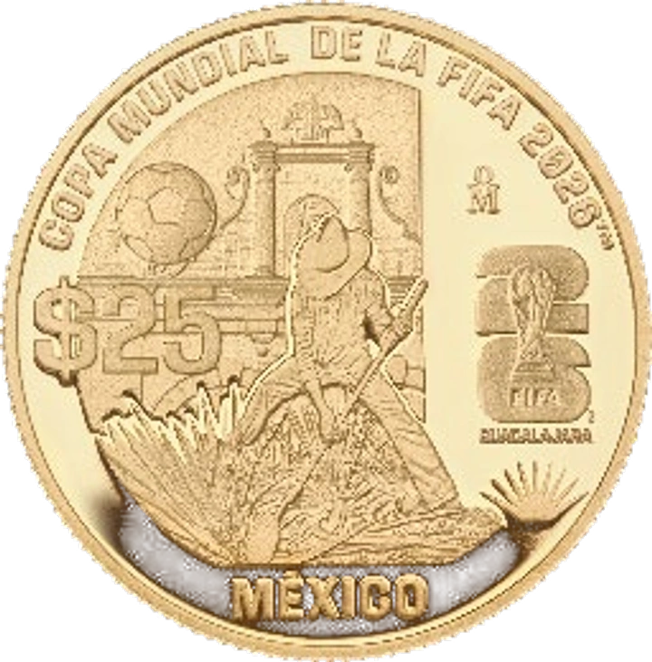 Reverso de 25 pesos oro Mundial 2026 Guadalajara con Catedral, Minerva, balón de fútbol y agave