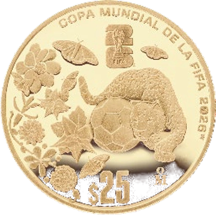 Reverso de 25 pesos oro Mundial 2026 México triple sede con jaguar, balón y mariposas monarca