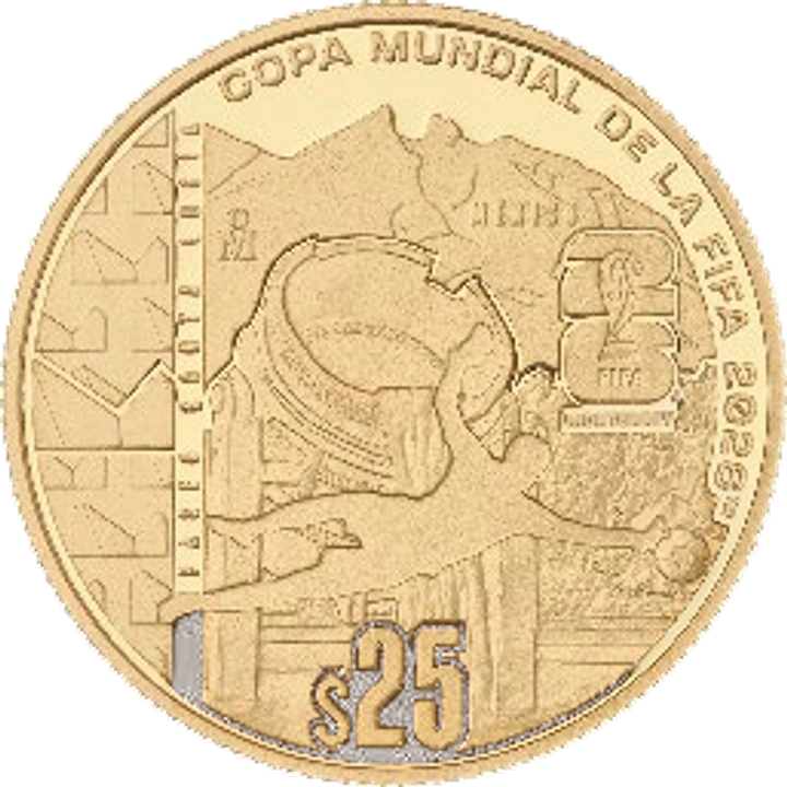 Reverso de 25 pesos oro Mundial 2026 Monterrey con Cerro de la Silla, Macroplaza y balón