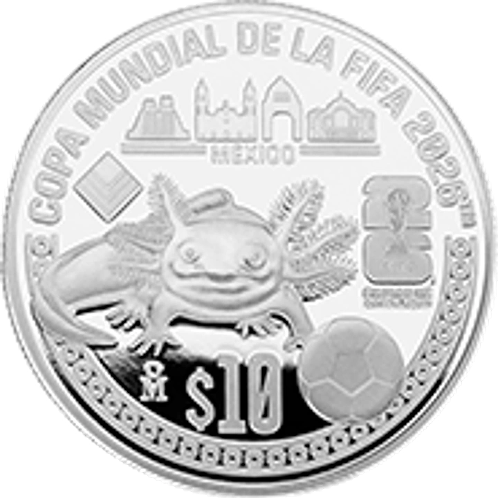 Reverso de 1 onza plata Mundial 2026 Ciudad de México con Ángel de la Independencia y futbolista