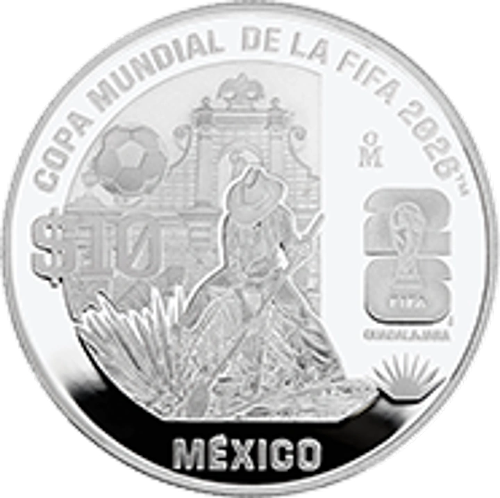 Reverso de 1 onza plata Mundial 2026 Guadalajara con Catedral, Minerva y agave