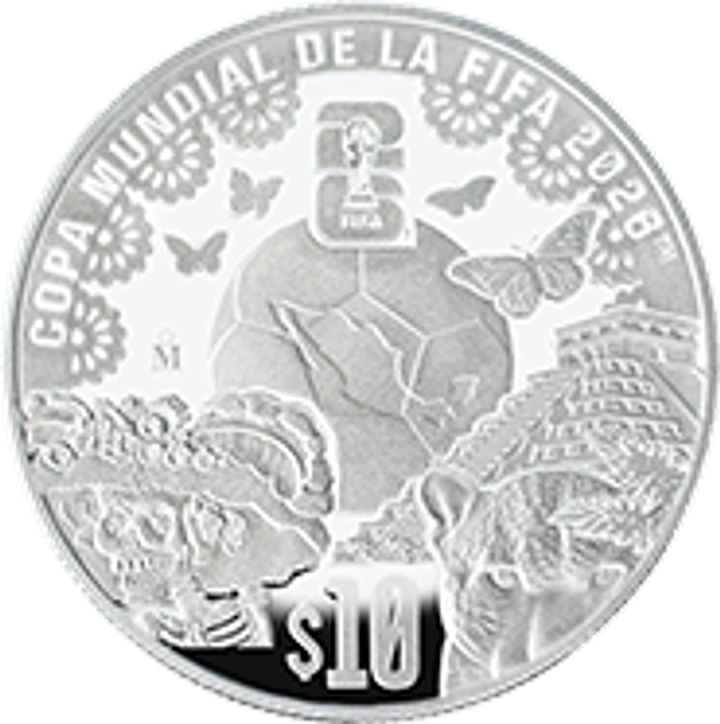 Reverso de 1 onza plata Mundial 2026 México triple sede con jaguar, mariposas, cráneo y Templo Maya