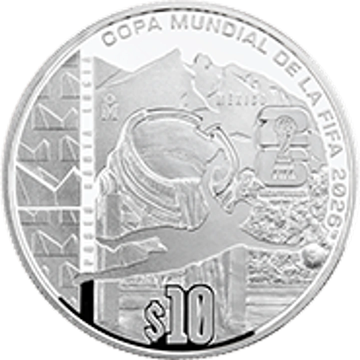 Reverso de 1 onza plata Mundial 2026 Monterrey con Macroplaza, Cerro de la Silla y balón