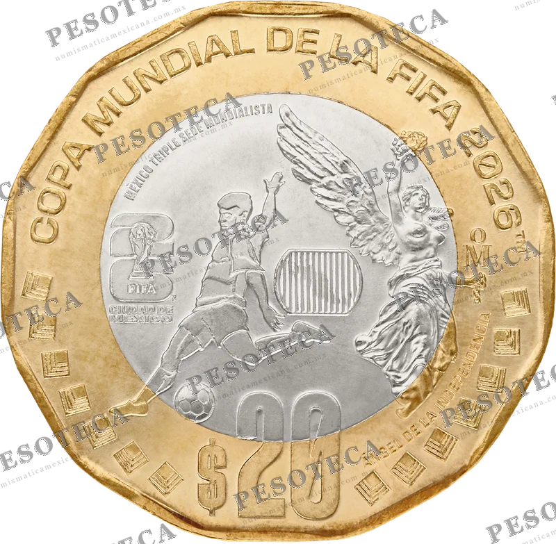 Moneda 20 pesos Mundial 2026 Ciudad de México bimetálica oficial Banxico
