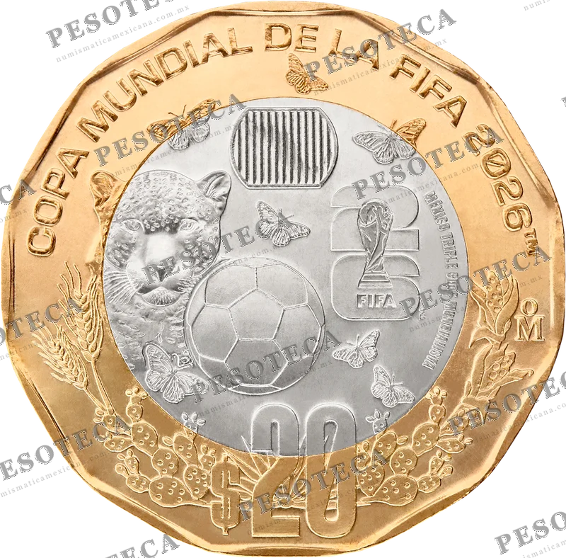 Moneda 20 pesos Mundial 2026 México triple sede con jaguar y mariposas monarca oficial Banxico