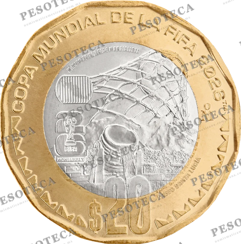 Moneda 20 pesos Mundial 2026 Monterrey bimetálica oficial Banxico