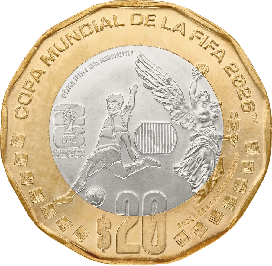 Moneda 20 pesos Mundial 2026 Ciudad de México bimetálica oficial Banxico