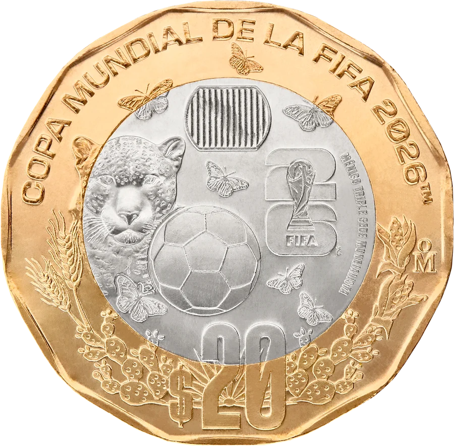 Moneda 20 pesos Mundial 2026 México triple sede con jaguar y mariposas monarca oficial Banxico