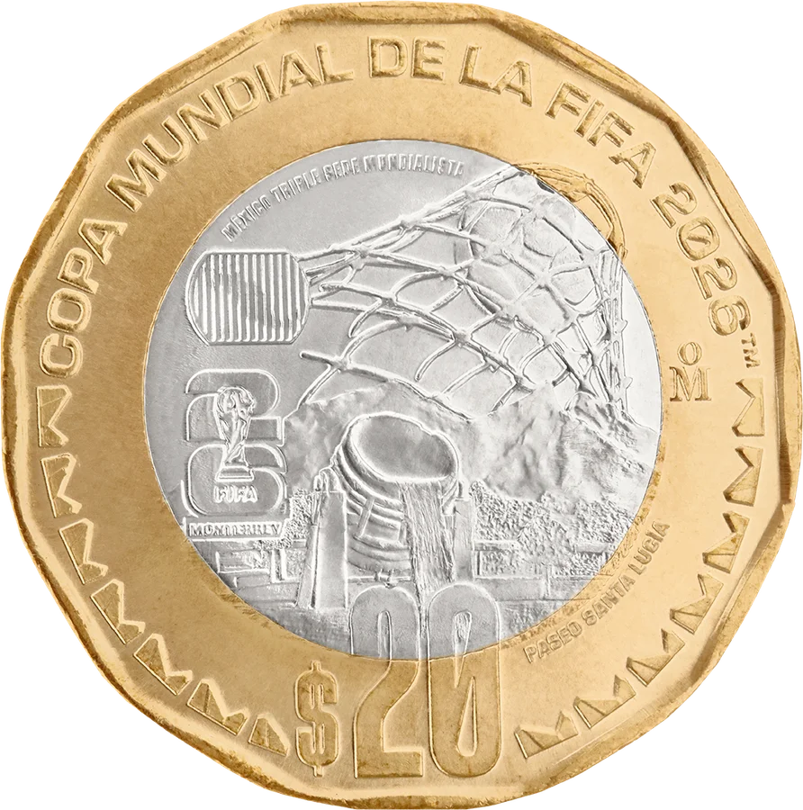 Moneda 20 pesos Mundial 2026 Monterrey bimetálica oficial Banxico