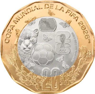 Moneda 20 pesos Mundial 2026 México triple sede oficial Banxico con jaguar mariposas