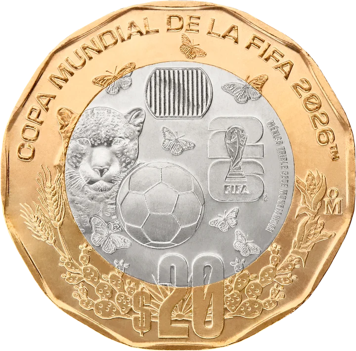 Moneda 20 pesos Mundial 2026 México triple sede, diseño nacional con jaguar y mariposas monarca