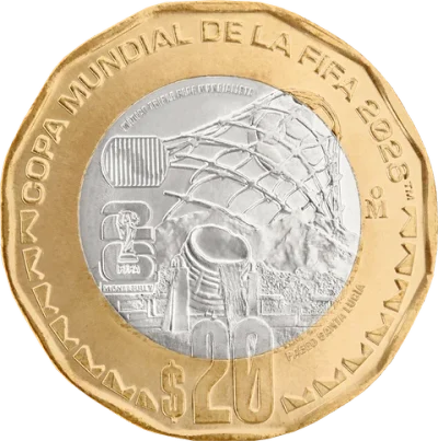 Moneda 20 pesos Mundial 2026 Monterrey bimetálica oficial Banxico