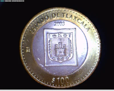100 Pesos Tlaxcala Escudo 2003 · Inventario Banxico 20587 (reverso)