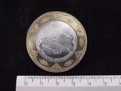 100 Pesos Unión de los Estados Puebla segunda etapa cultural 2007 · Inventario Banxico 21551 (reverso)