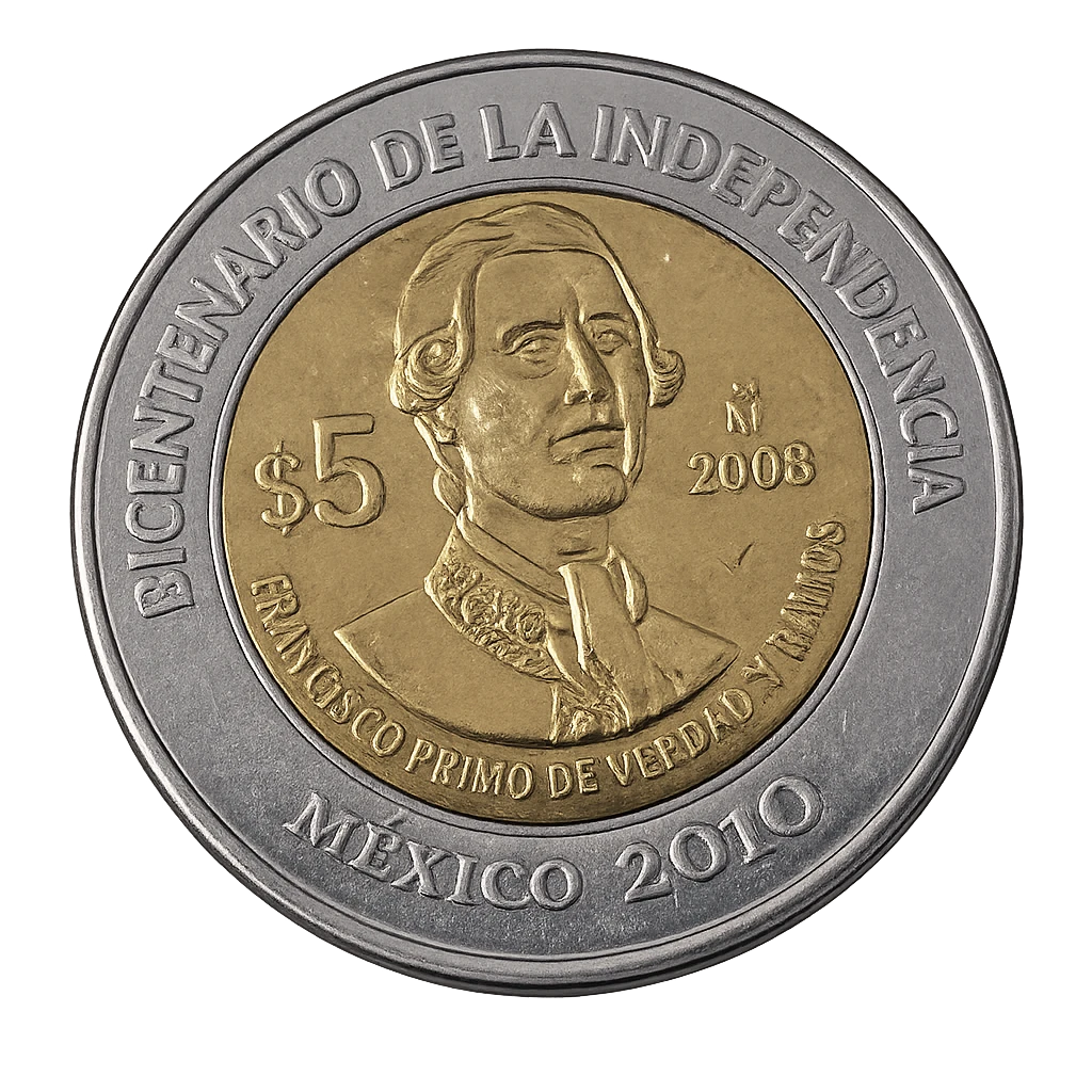 Moneda destacada de la serie 5 Pesos Bicentenario Independencia y Centenario Revolución